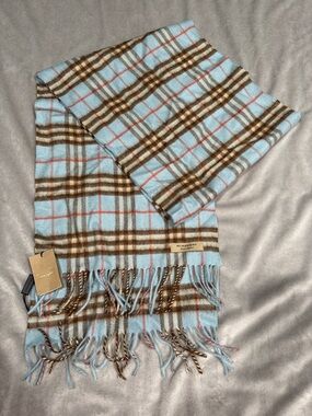 Burberry Baby Blue, Brown & Pink Plaid Fringed Scarf